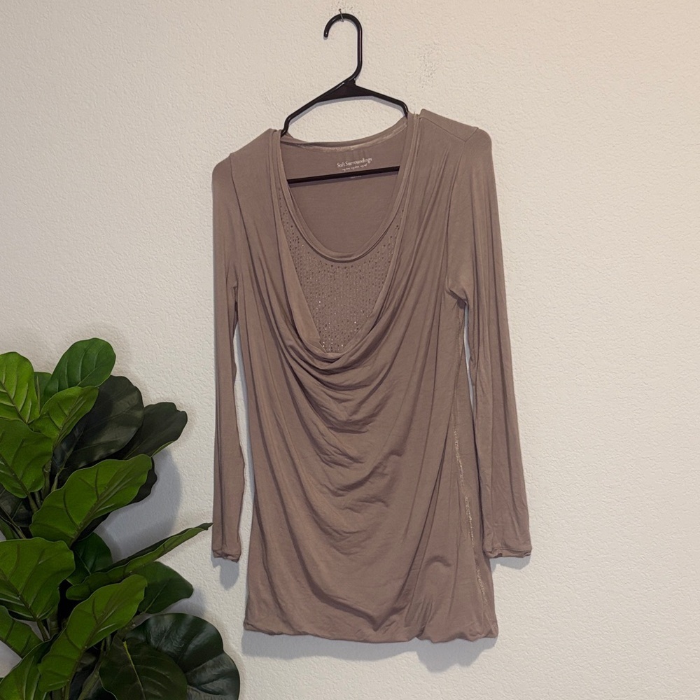 Soft Surroundings Taupe Drape-Front Long Sleeve Top with sparkle Small